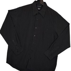 Haggar Mens Luxury Microfiber Button-Up Shirt Sz Large Long Sleeve Striped Black